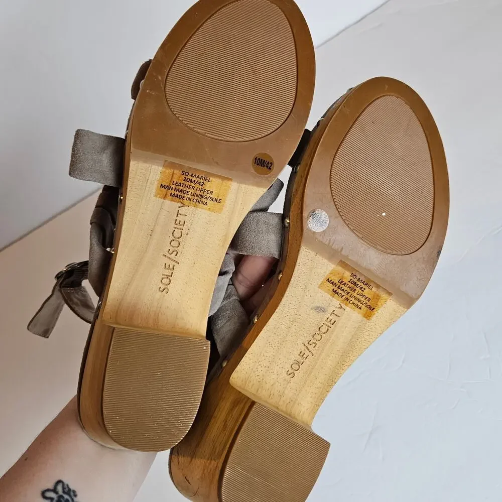Sole Society Mariel Wooden Clog Heels Taupe Tan Women's 10‎ Boho Chic Weekend